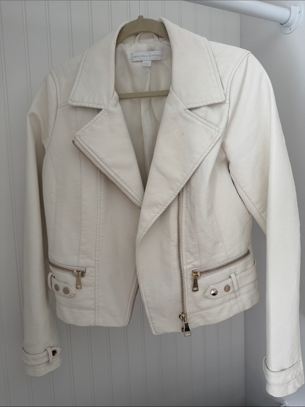 New York & Company Cream Leather Moto Jacket with Gold Hardware